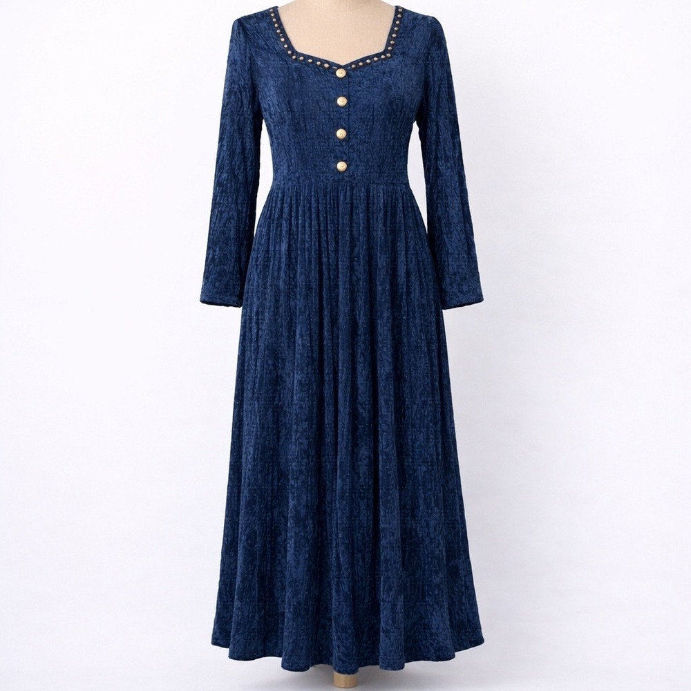 Vintage Studded Whimsigoth Velvet Maxi Dress Size S Navy Blue‎ Regency Victorian